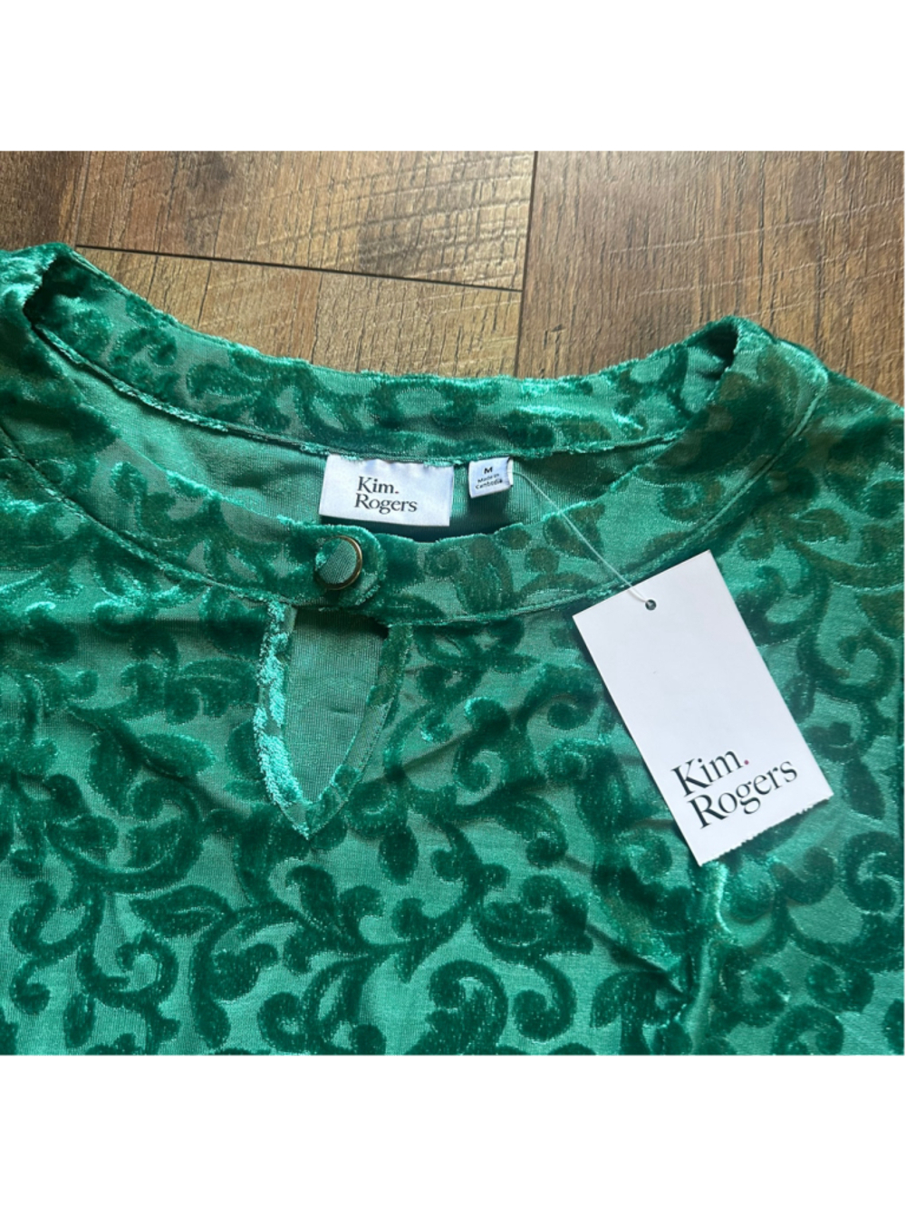 Women's Kim Rogers Green Velvet Floral Blouse Size M F26 - Picture 5 of 14